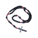 Matte Black Round Beads Red Cord Necklace with Cross Pendant Rosary for Men and Women