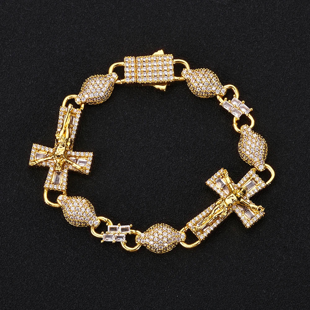 Two-Tone Cross Cuban Bracelet Iced Out Baguette