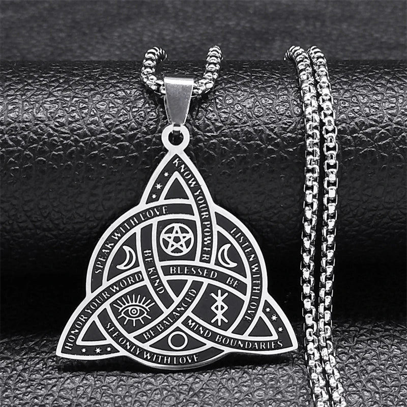 Witch Triquetra Trinity Celtic Knot Necklace Stainless Steel Pentagram Triple Moon Goddess Necklaces Jewelry Collar N3406S02