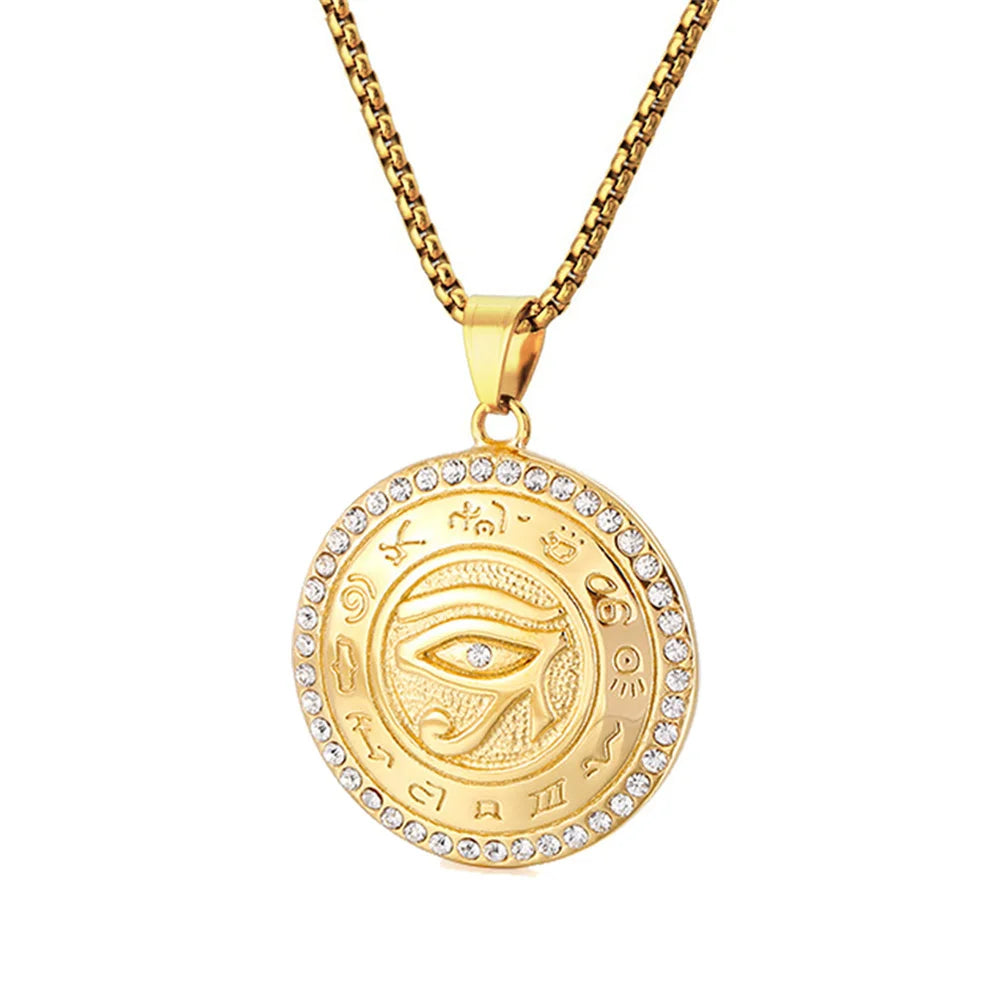 Ancient Egypt The Eye of Horus Pendant Gold Male Color Stainless Steel Zircon Round Necklace for Men Egyptian Jewelry Gift 2025