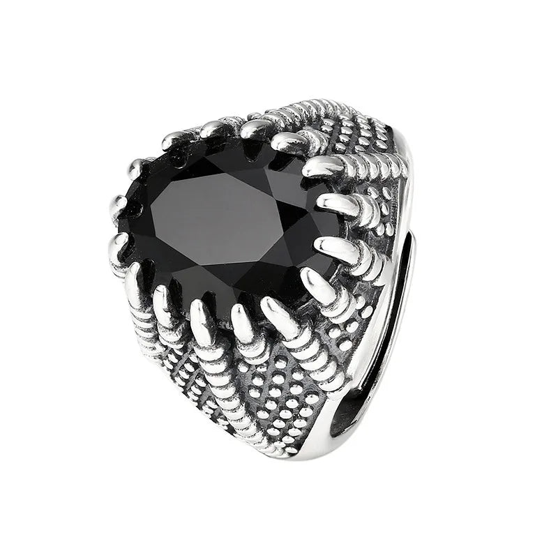 Retro Alien Black Stone Ring — Silver