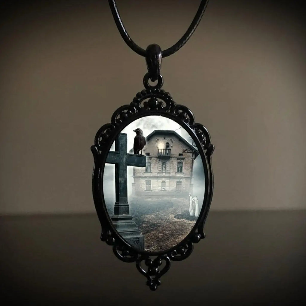 Gothic Crow Black Forest Charm Necklace Fashion Witch Jewelry Gift Pagan Cross Black Cat Skull Glass Pendant Necklace