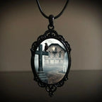 Gothic Crow Black Forest Charm Necklace Fashion Witch Jewelry Gift Pagan Cross Black Cat Skull Glass Pendant Necklace