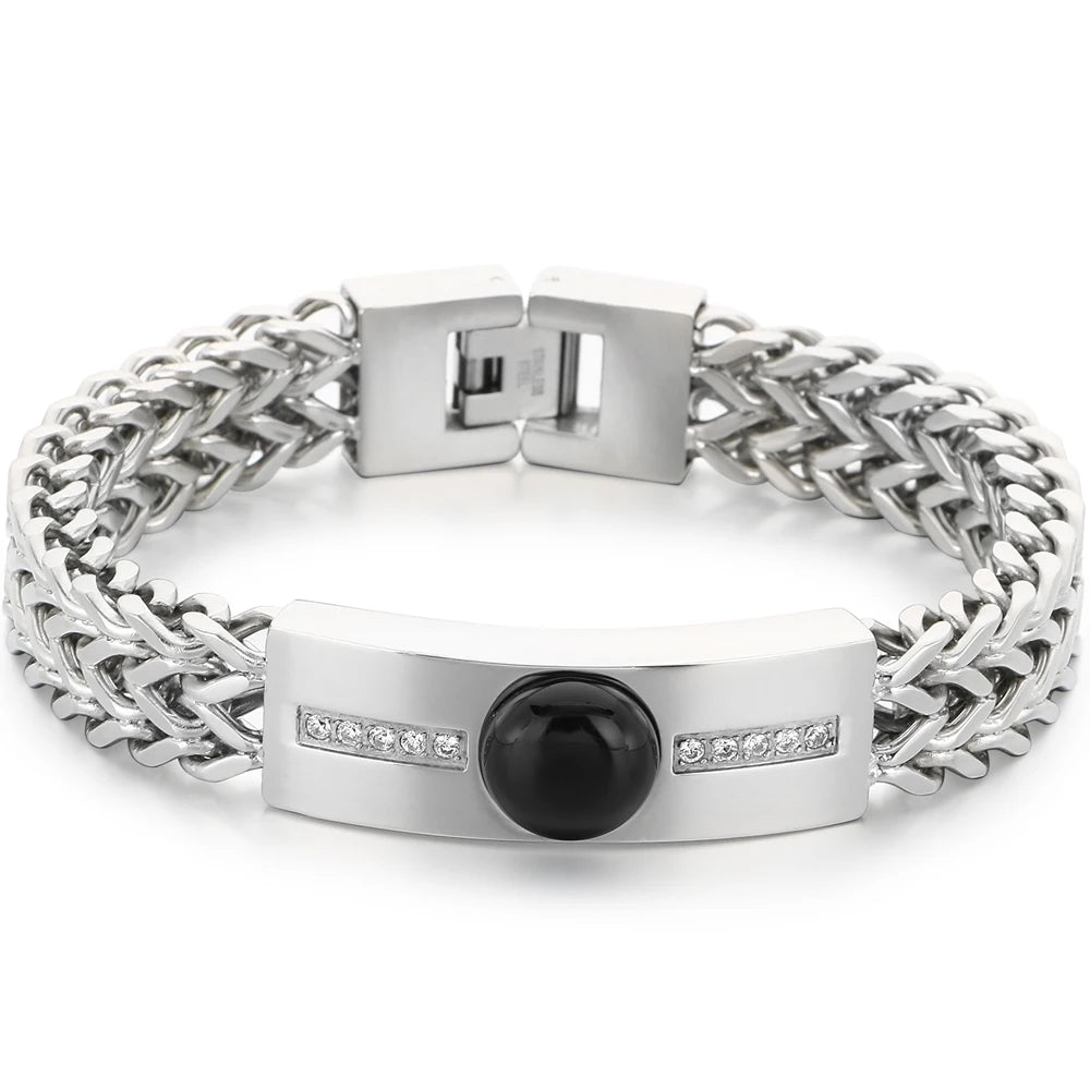 Vintage Stainless Steel Men's Curved Bracelet Natural Stone & Shiny CZ Inlaid Bracelets for Man Fashion Male Hand