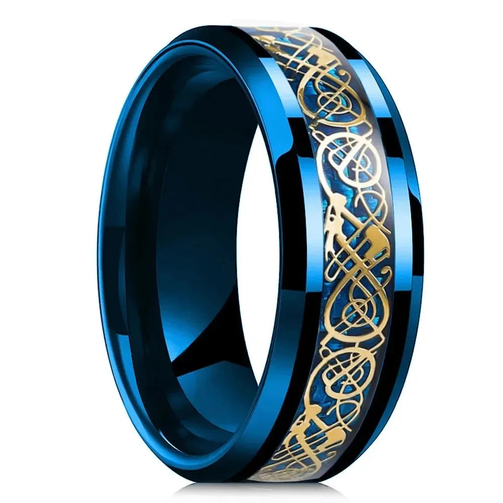 Fashion 8mm Men Stainless Steel Celtic Dragon Rings Inlaid Black Zircon Stone Rings For Men Carbon Fibre Rings Wedding