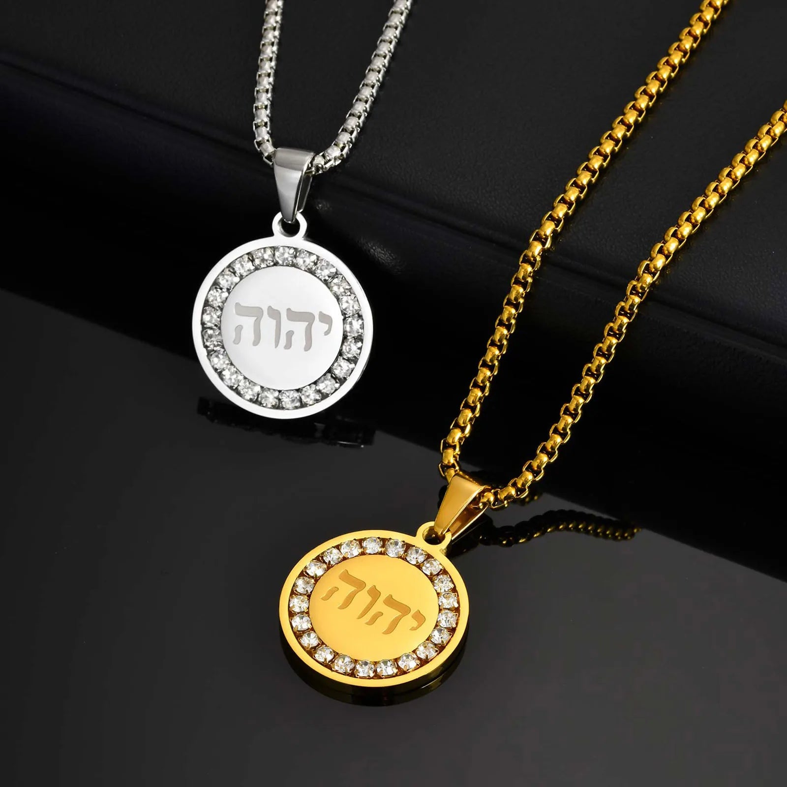Hebrew Zircon Round Pendant — Stainless
