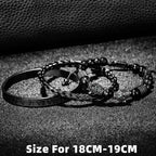 3PCS Mens Premium Black Agate Beaded Bracelet Set - Double Leopard Head, Roman Numerals, Adjustable Braided Design