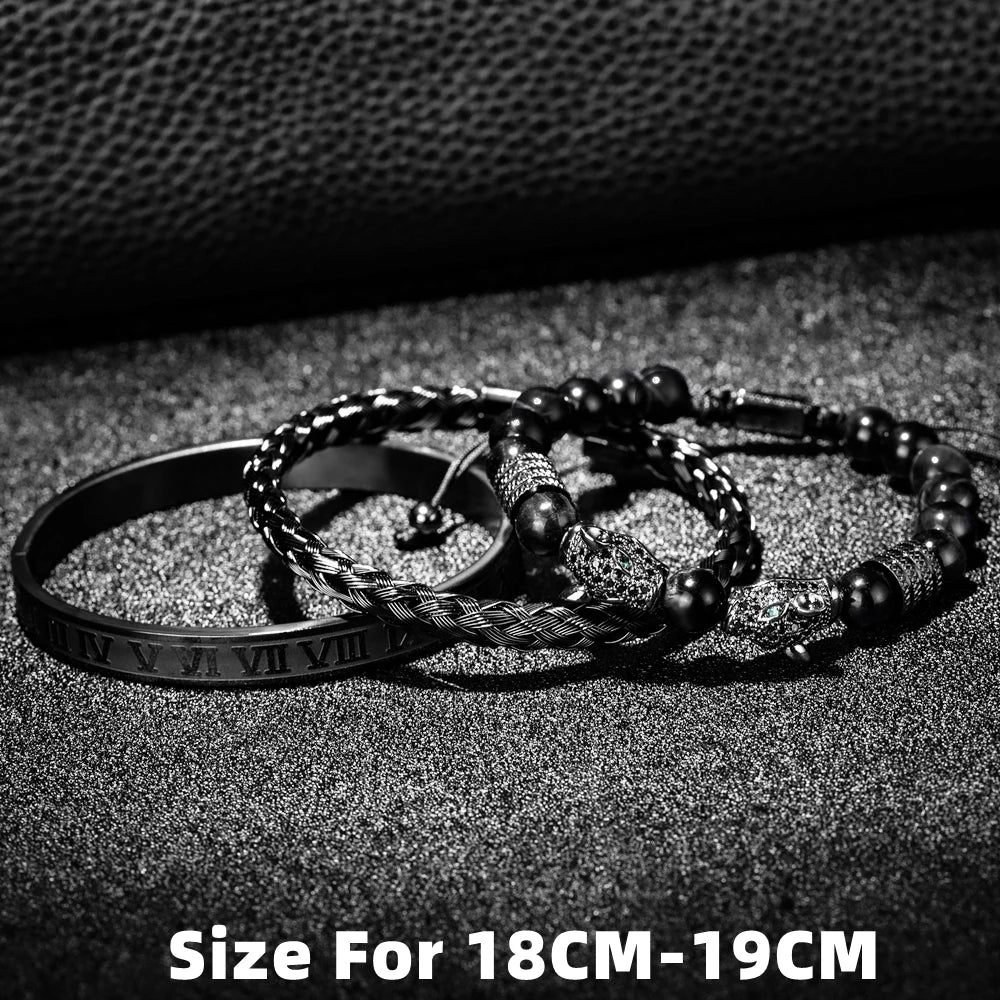 3PCS Mens Premium Black Agate Beaded Bracelet Set - Double Leopard Head, Roman Numerals, Adjustable Braided Design