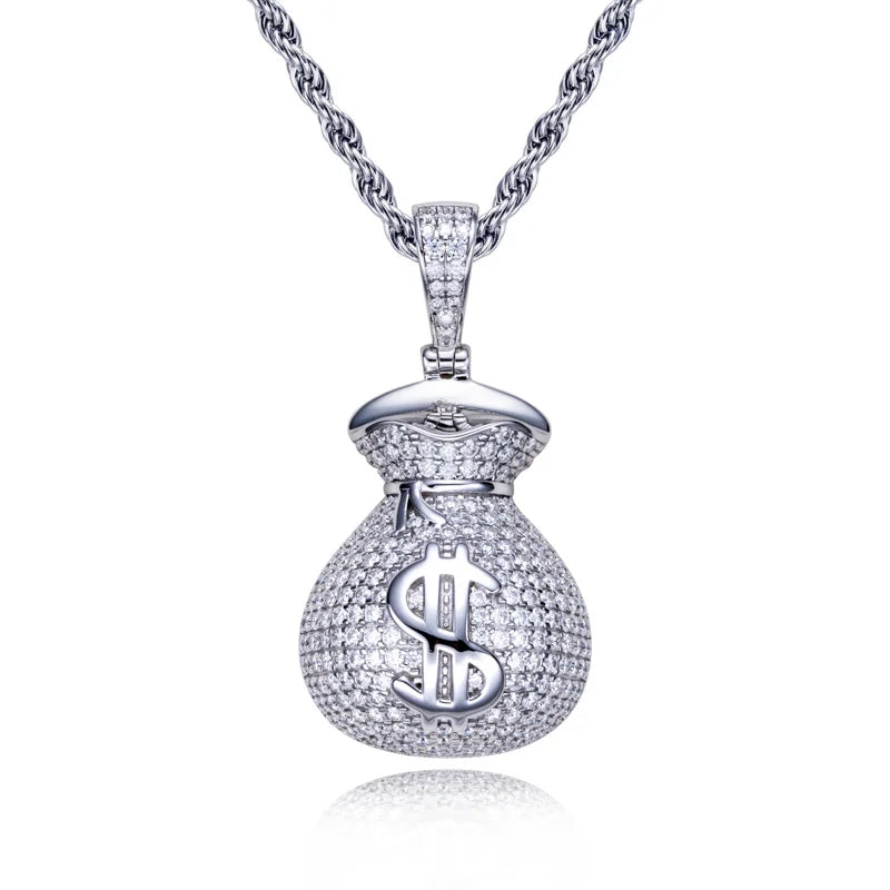 Iced Out Money Bag Pendant — 925 Silver