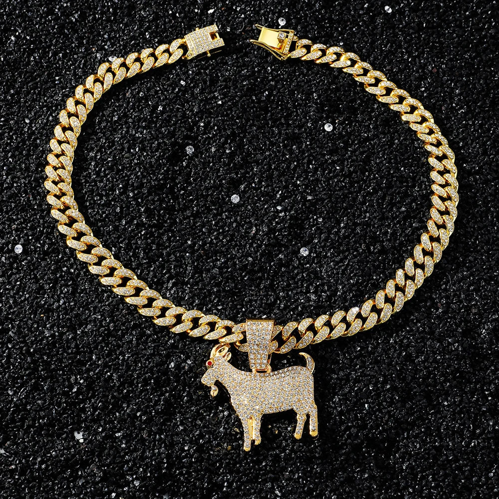 Men Hip Hop Fashion Full Rhinestone Animal Goat Pendant Necklace with 13mm Miami Cuban Chain Necklaces Rapper Rock
