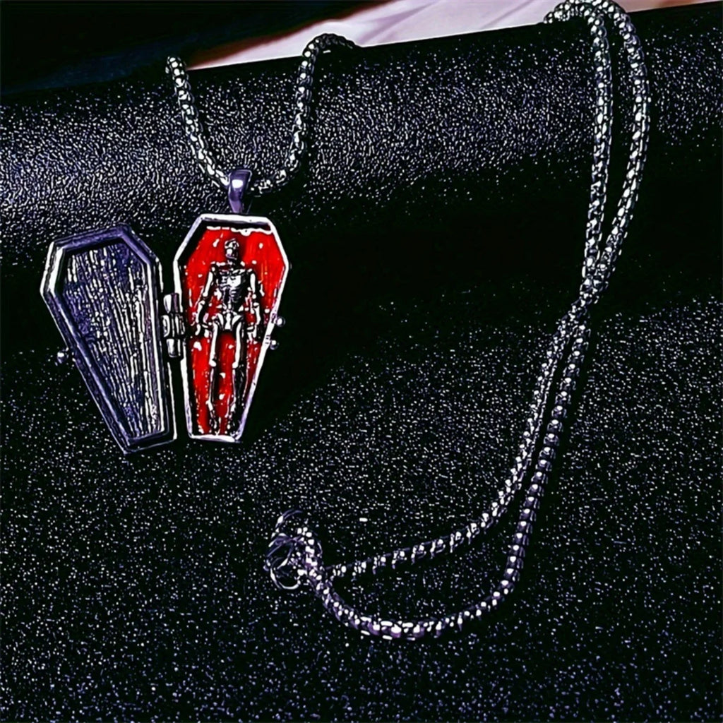 Punk Gothic Halloween Skeleton Coffin Shaped Pendant Necklace For Women Men Cross Skull Stainless Steel Chain Choker