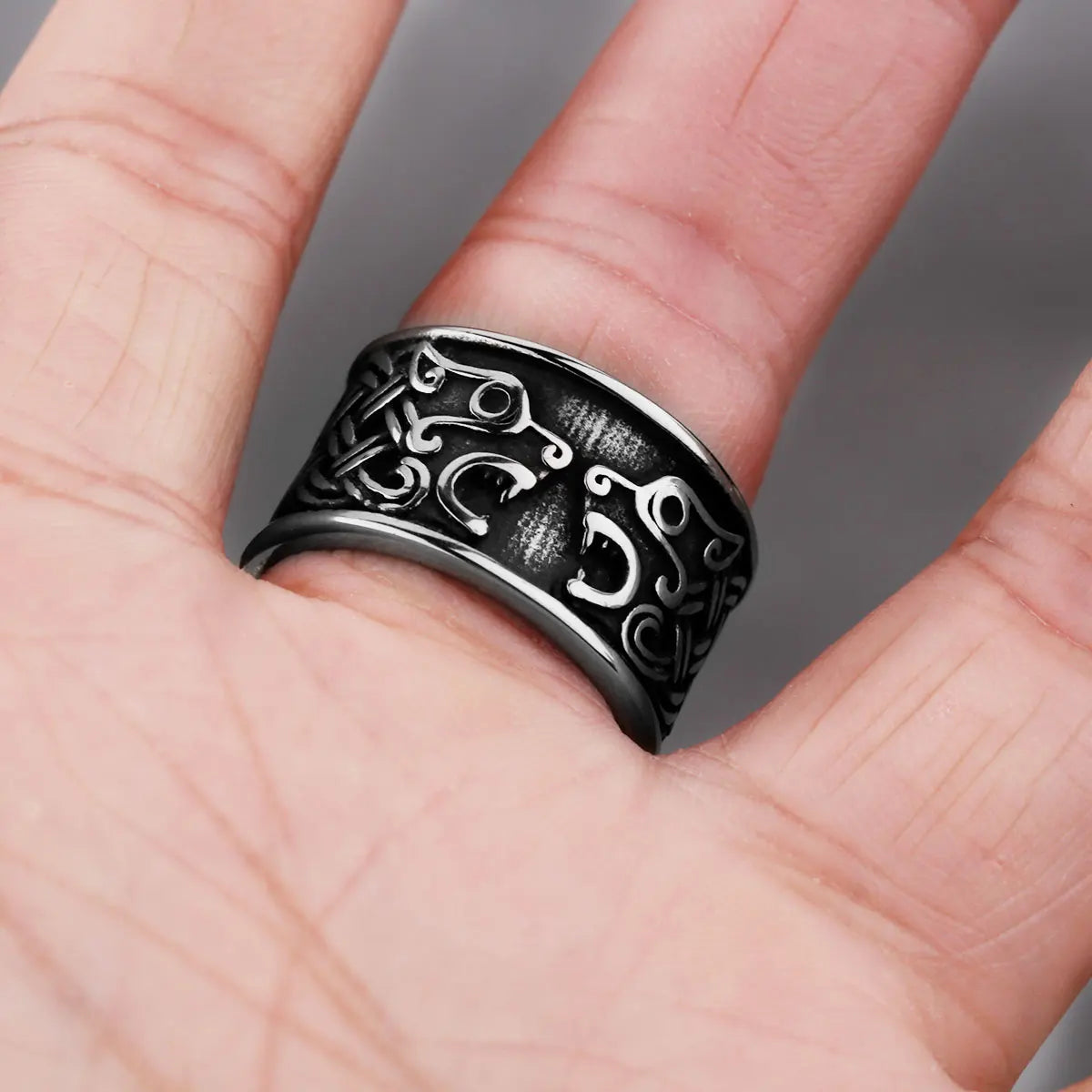 Viking Double Wolf Rune Ring, Black — Stainless Steel