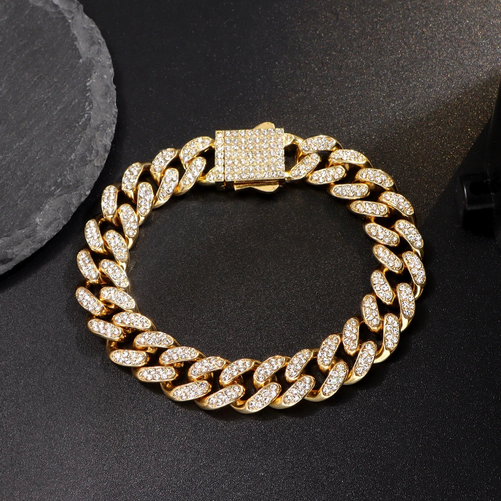 Luxury Iced Out Cuban Chain Bracelet for Men Women, Gold Color Rhinestone Link Wristband, Hip Hop Street Jewelry Gift