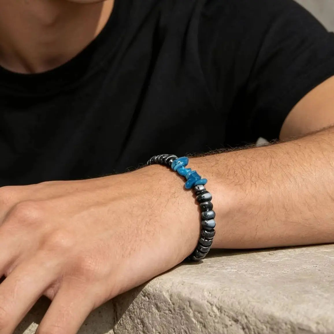 Irregular Black Stone Bracelet for Men — Stainless Steel
