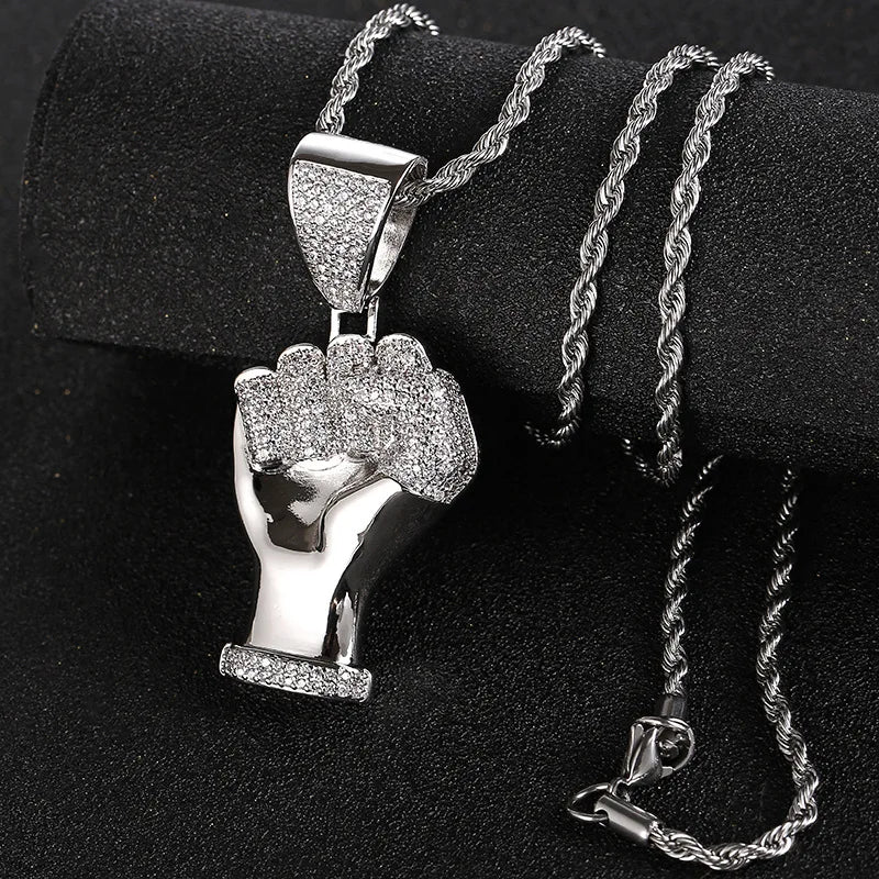 Iced Out Fist Pendant Necklace for Men, Micro Pave CZ Clenched Hand Charm, Hip Hop Rapper Jewelry, Twisted Rope Chain