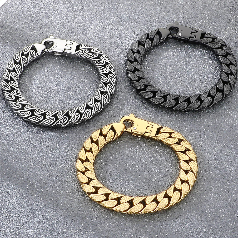 Vintage 12MM Width Cuban Link Chain Bracelet for Man Black Gold Color Stainless Steel Men's Bracelets Wrist Hand
