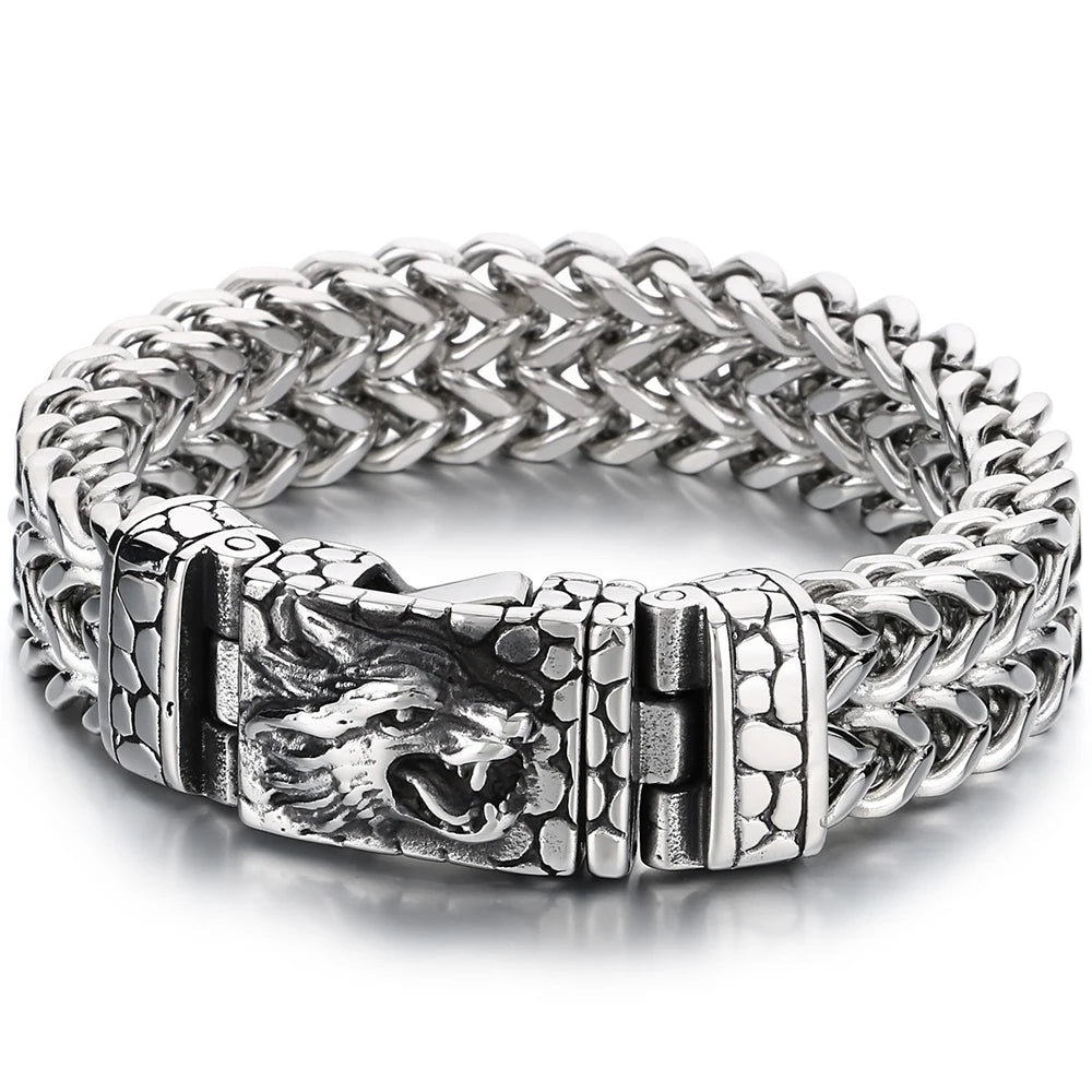 Cool Punk Chinese Loong Dragon Head Bracelet for Man 16MM Width Double Layer Square Franco Chain Bracelets Men's Male