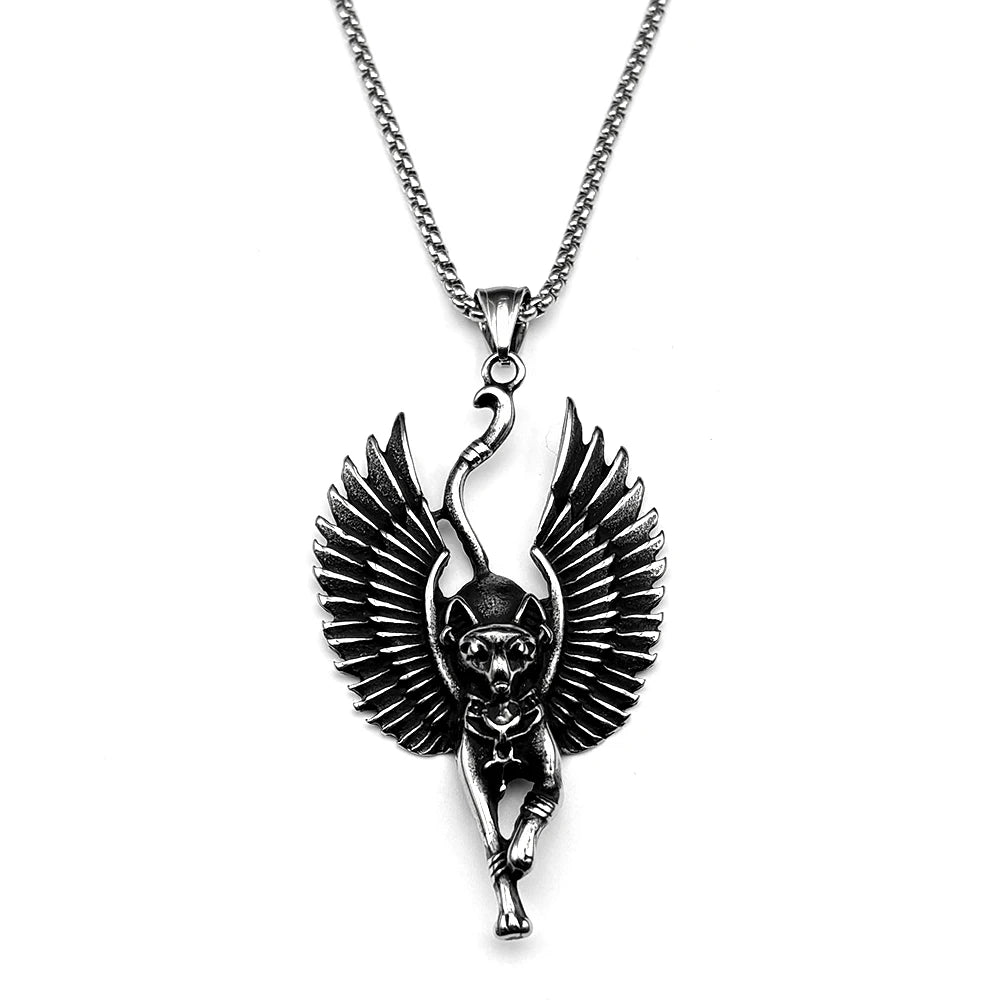 Vintage Egyptian Winged Cat Goddess Bastet Pendant Necklace Stainless Steel Silver Color Ancient Egypt Chain Necklaces