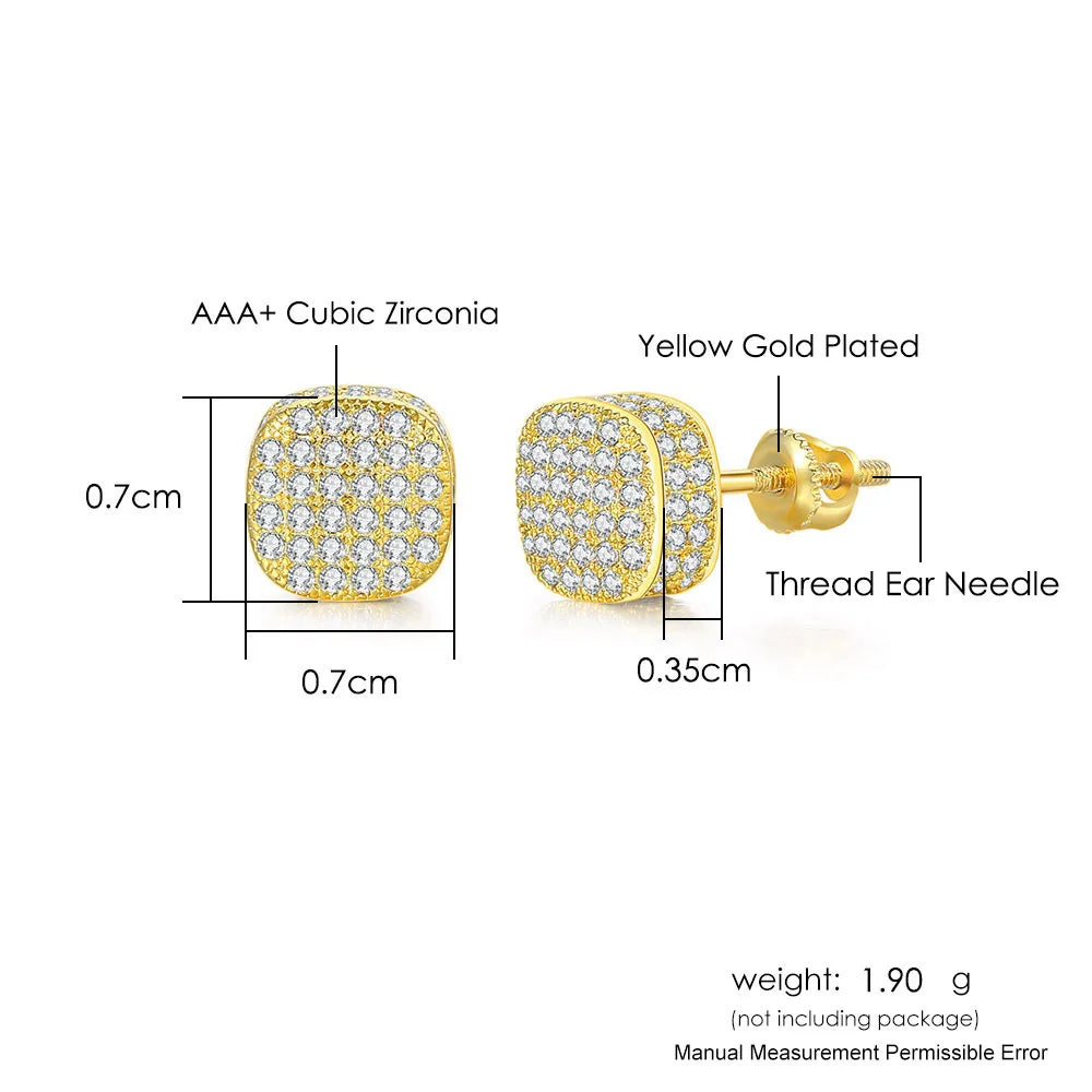 Iced Out Round Square Stud Earrings — Gold