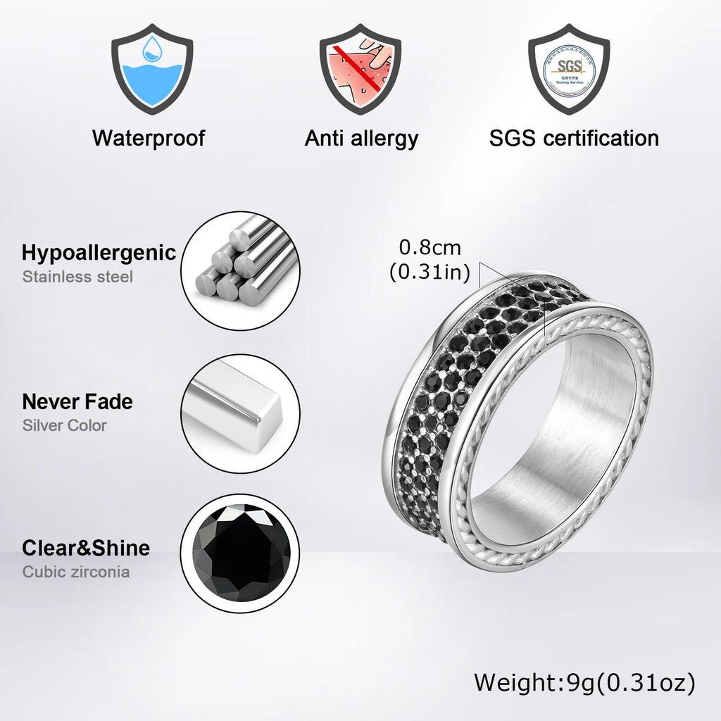 Iced Out Black CZ Stone Ring 8mm — Stainless Steel