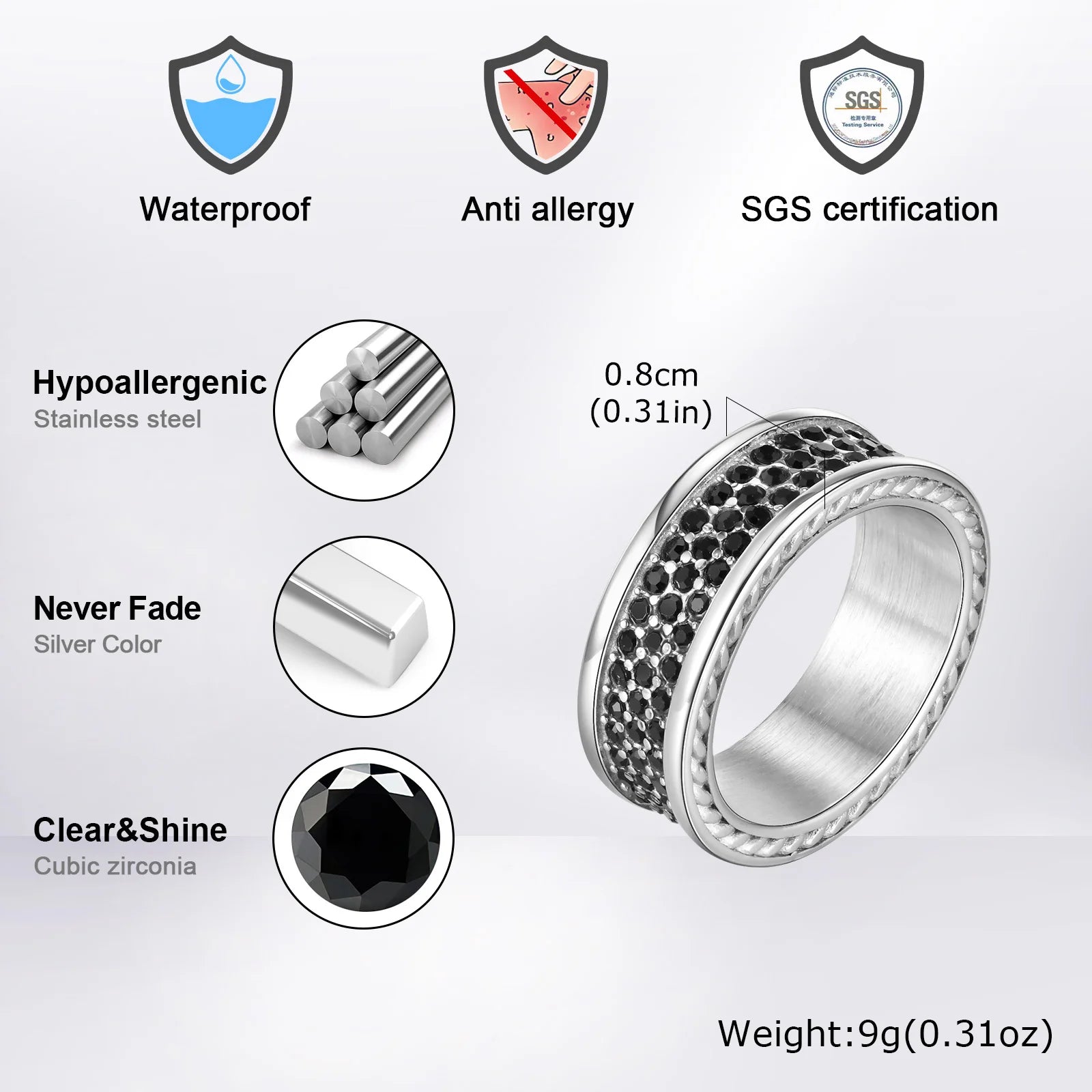 Iced Out Black CZ Stone Ring 8mm — Stainless Steel