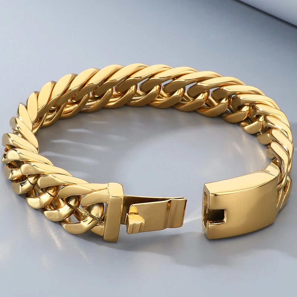 12/15MM Width Cuban Link Chain Bracelet For Man Waterproof Black/Gold Color Stainless Steel Bracelets Valentines