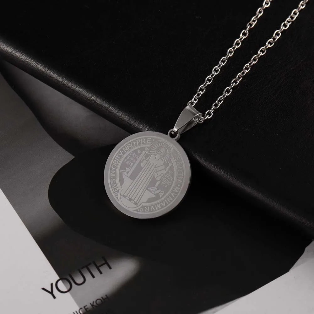 Vintage Coin Catholic Priest Saint Benedict Exorcism Pendant Necklace Jesus Round Pendant Chain for Men's Jewelry 2026