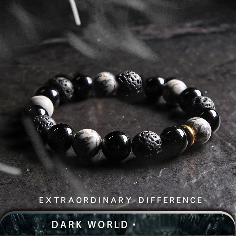 Block Volcanic Lava Stone Bracelet Men Black Classic Matte Obisidian Labradorite Bead Jewelry Women Birthday Gift for