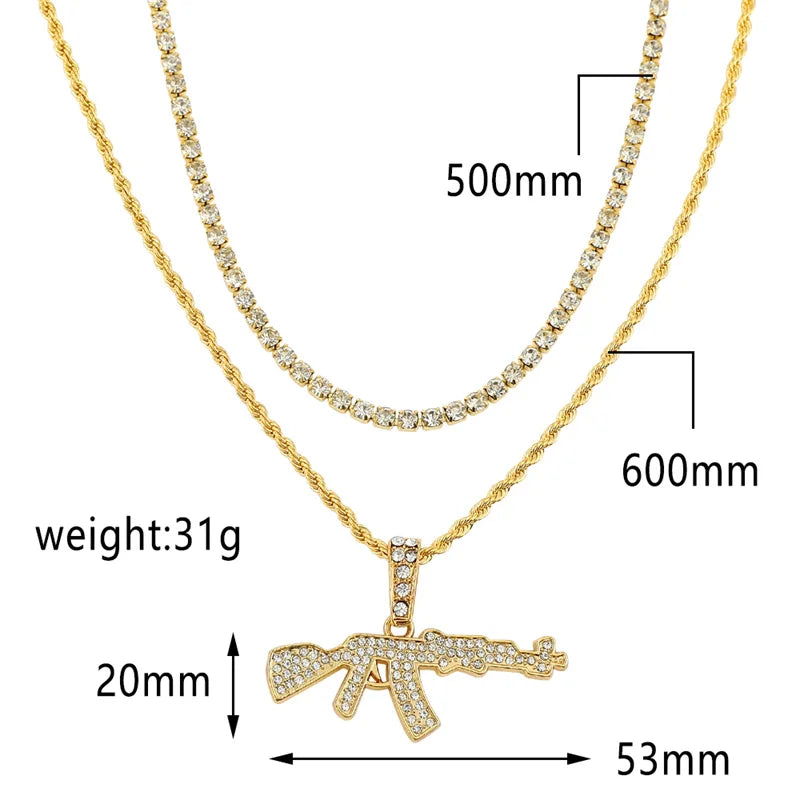 Iced Out Gun Pendant Necklace - Hip Hop Bling with Tennis & Rope Chains, Gold/Silver Plated for Men