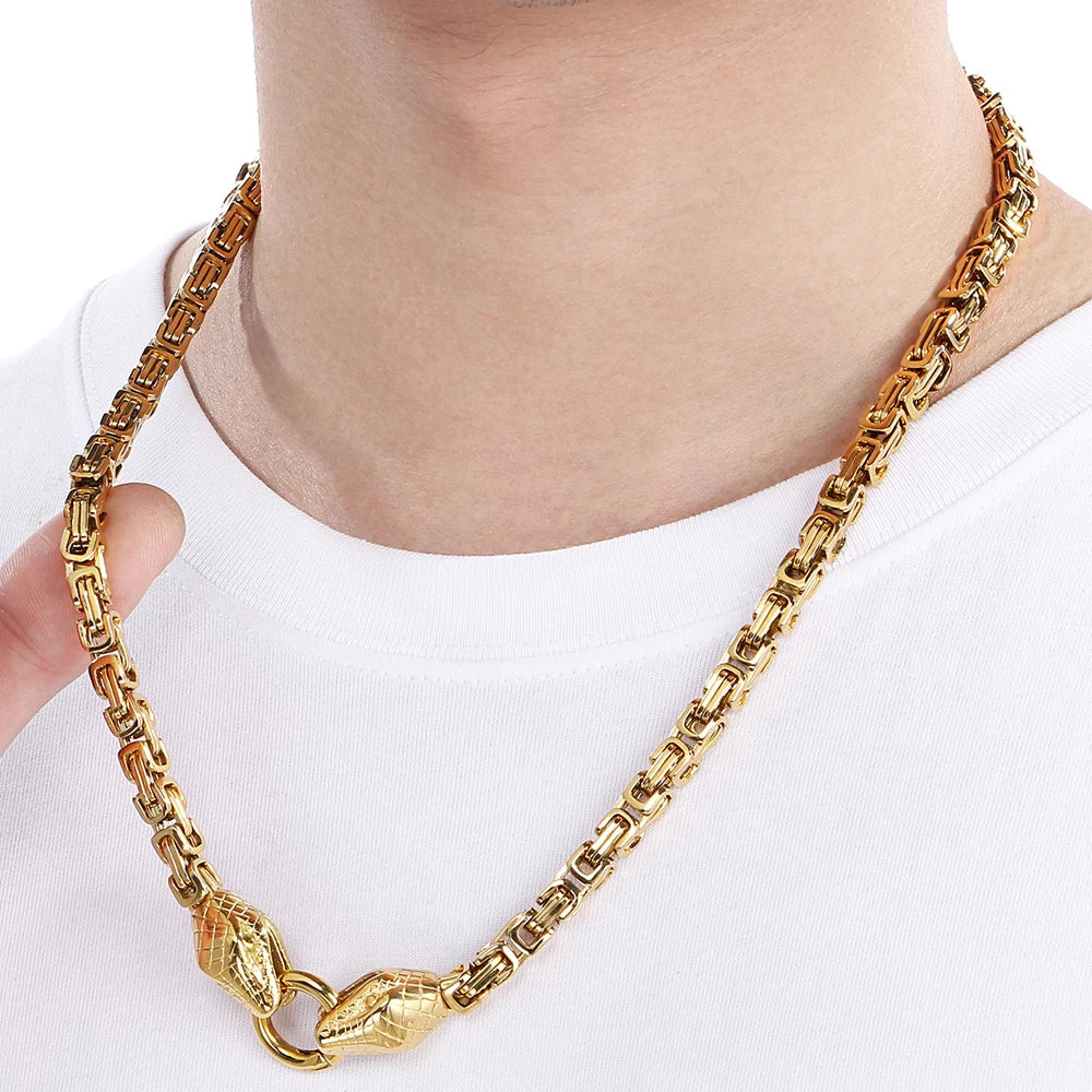 Gothic Double Snake Head Face Necklace for Man Gold Color Stainless Steel Men's Choker Chains Fashion Male Jewelry