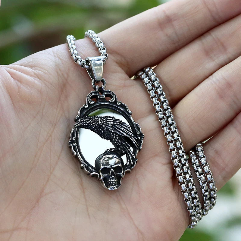 Gothic Crow Skull Stainless Steel Pendant Necklace