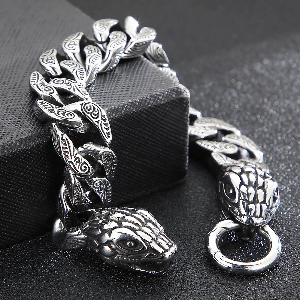 Cool Men's Snake Head Bracelet for Man Male Arm Rings Vintage 15MM Stainless Steel Curb Link Chain Bikers' Jewelry