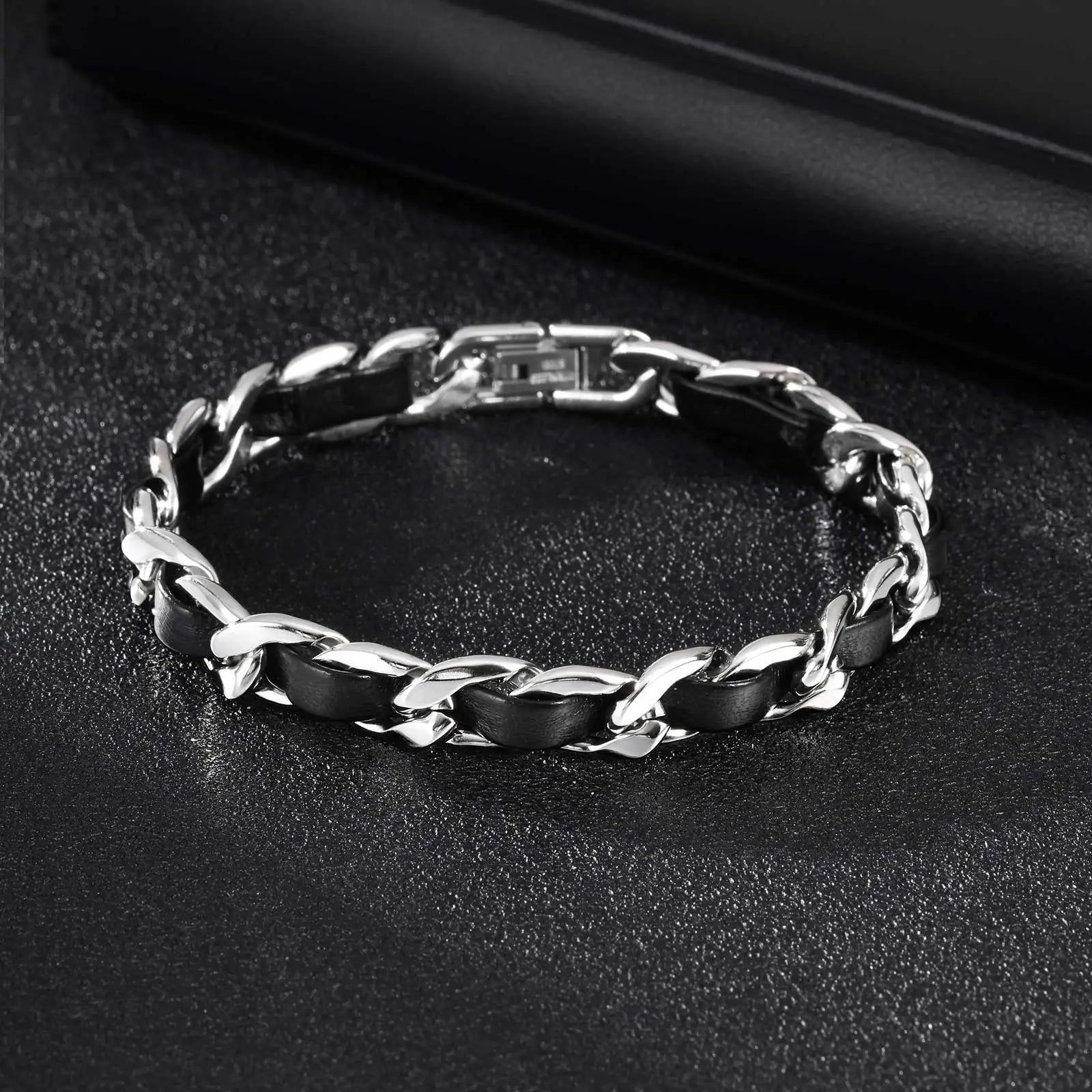 Cuban Black Leather Chain Bracelet — Stainless Steel