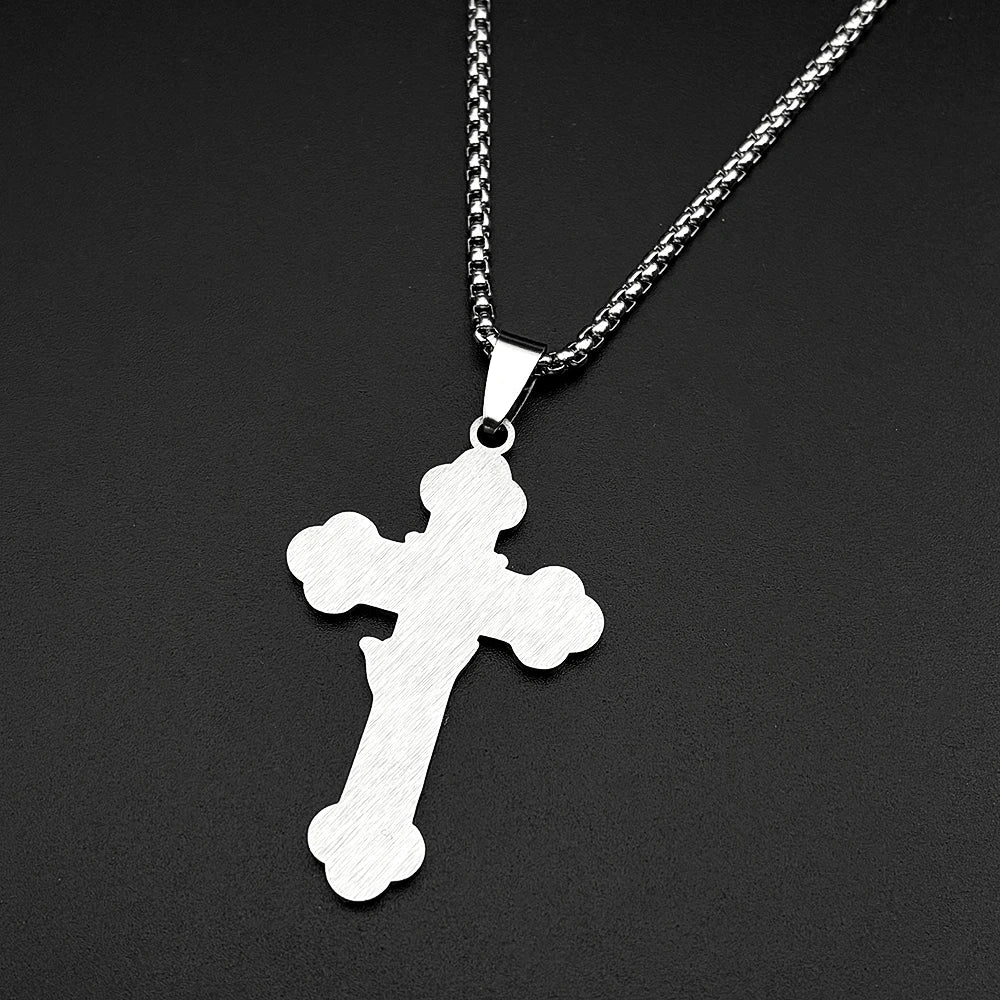 Jesus Cross Praying Hand Stainless Steel Pendant Necklace for Women Men Gold Color Catholic Faith Rosary Box Chain