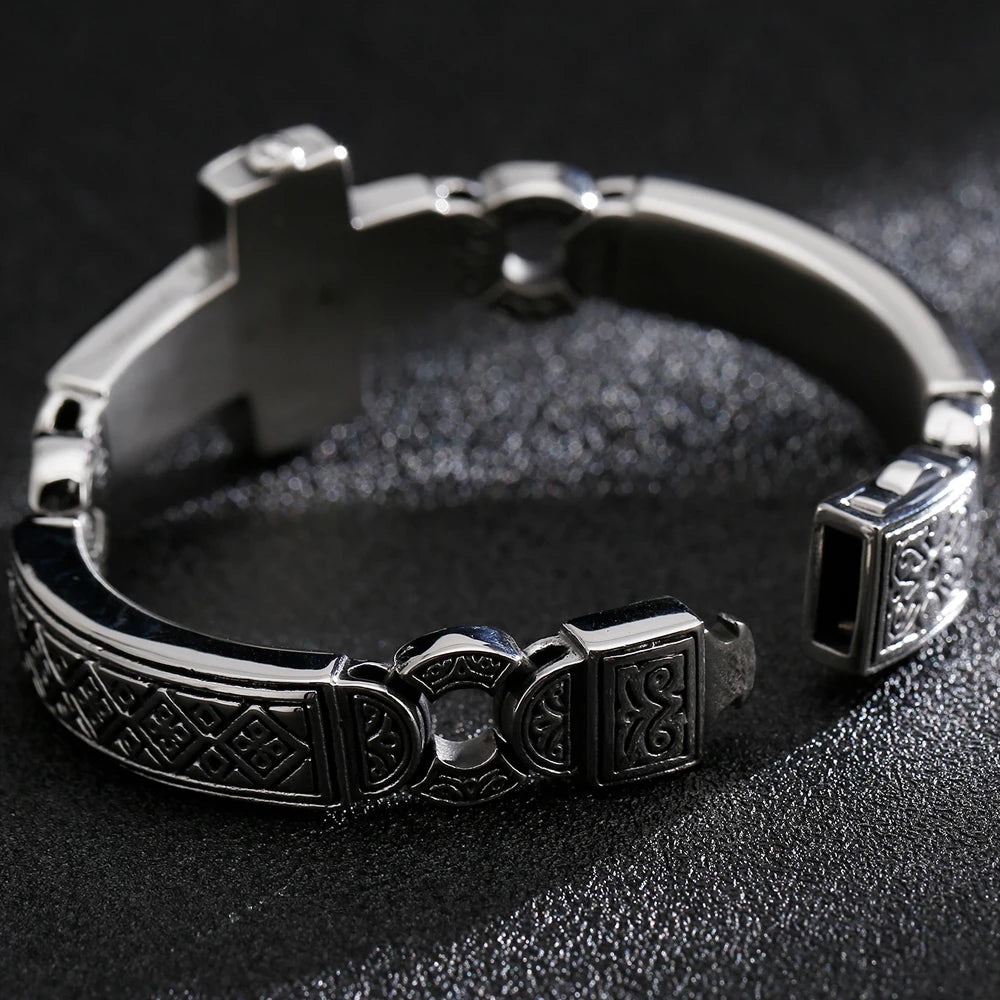 Vintage Solid 316L Stainless Steel Cross Wrap Bracelet for Man 14MM Width Religious Men's Jewelry Accessory Bracelets
