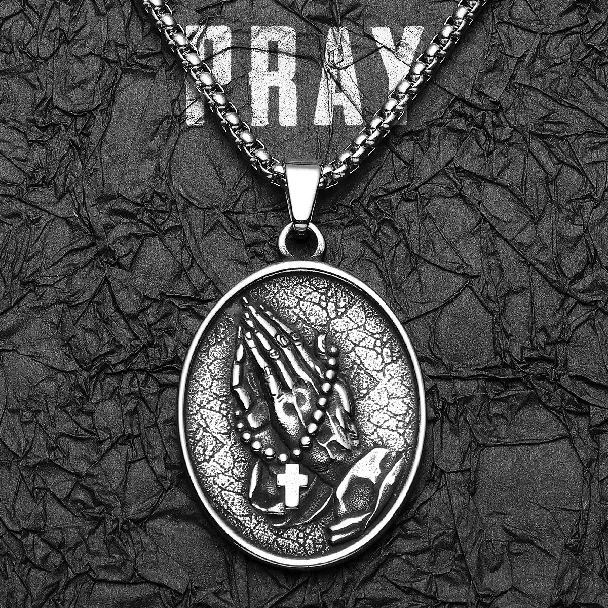 Praying Hands Cross Pendant — Stainless Steel