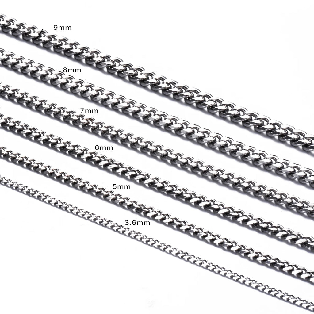1 Piece Size 3.6mm-9mm Men's Necklace Stainless Steel Cuban Link Chain Bracelet Necklace Steel Color Male Jewelry