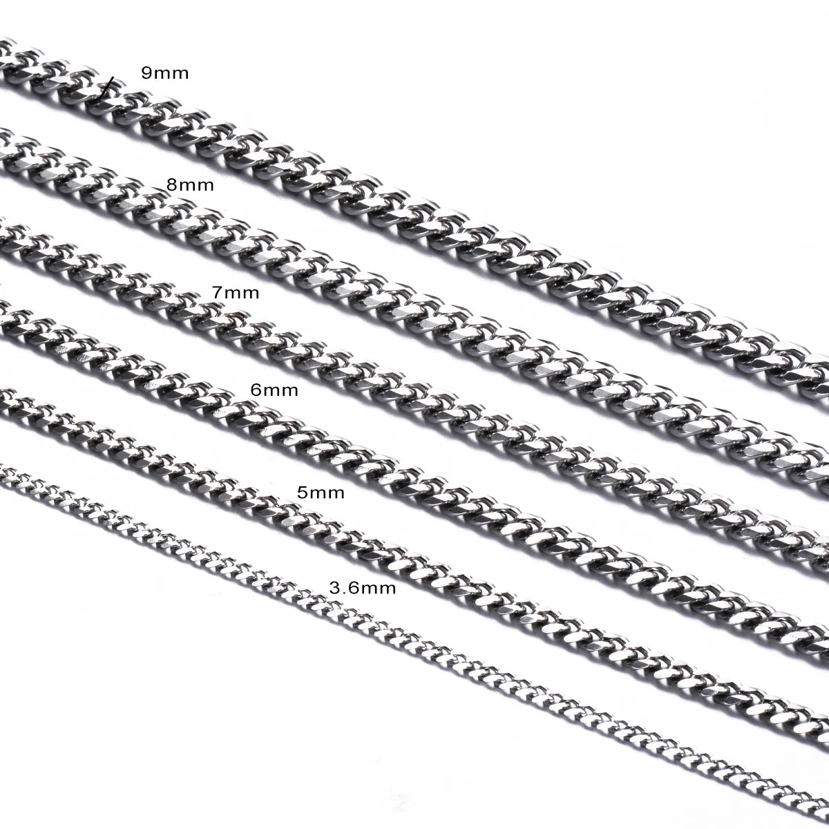 1 Piece Size 3.6mm-9mm Men's Necklace Stainless Steel Cuban Link Chain Bracelet Necklace Steel Color Male Jewelry
