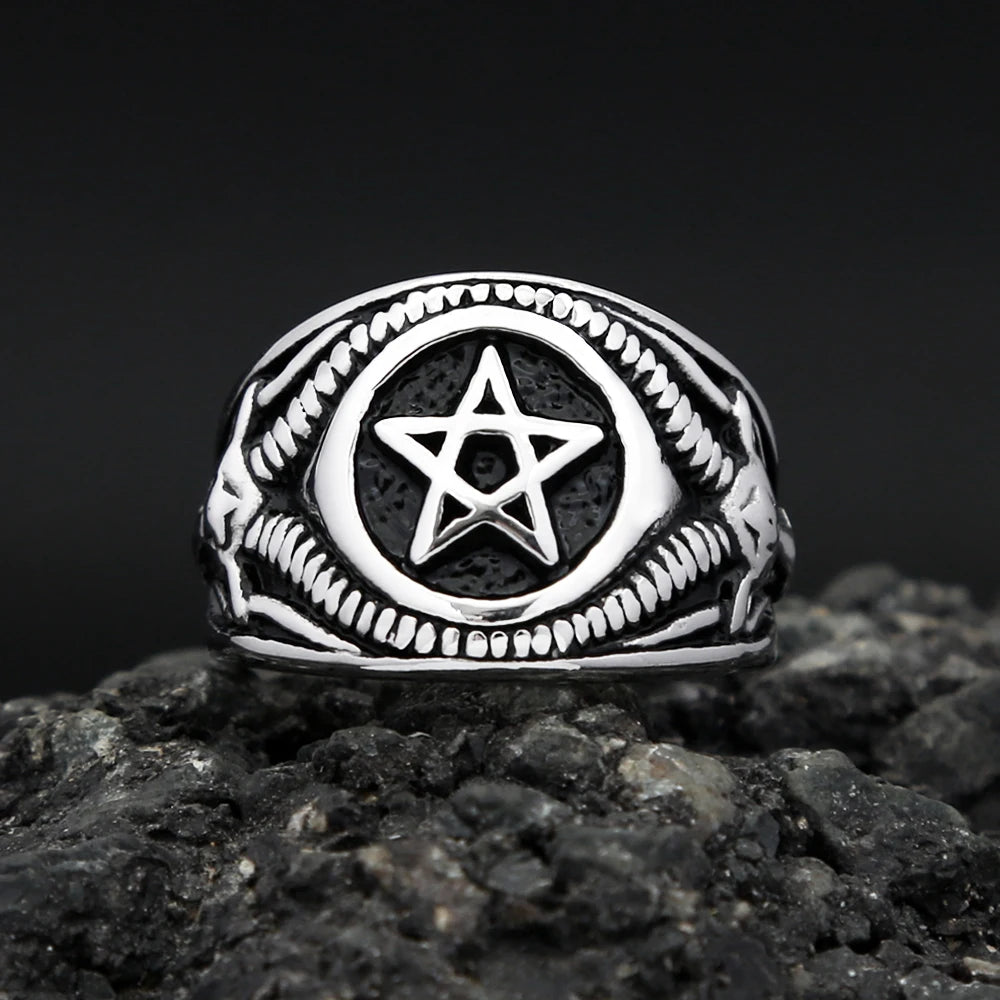 Vintage Fashion Stainless Steel Pentagram Rings For Men Women Gothic Biker Goat Devil Demon Ring Party Jewelry Gifts Wholesale