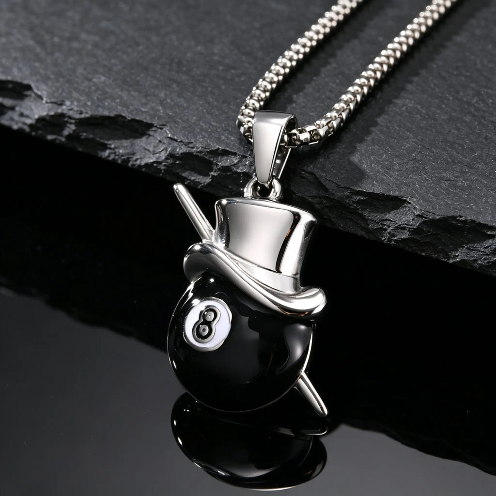 Lucky 8 Ball Pendant Necklace — Black Stainless Steel