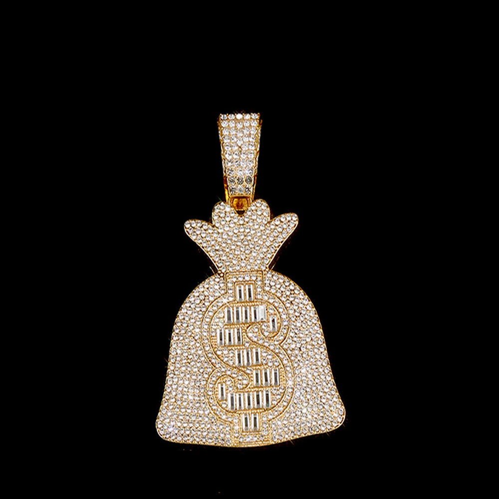 Men Women Hip Hop Dollar Sign Money Bag Pendant Necklace With 14mm Cuban ChainUSD Money Bag Necklaces Trendy Charm Jewelry Gift