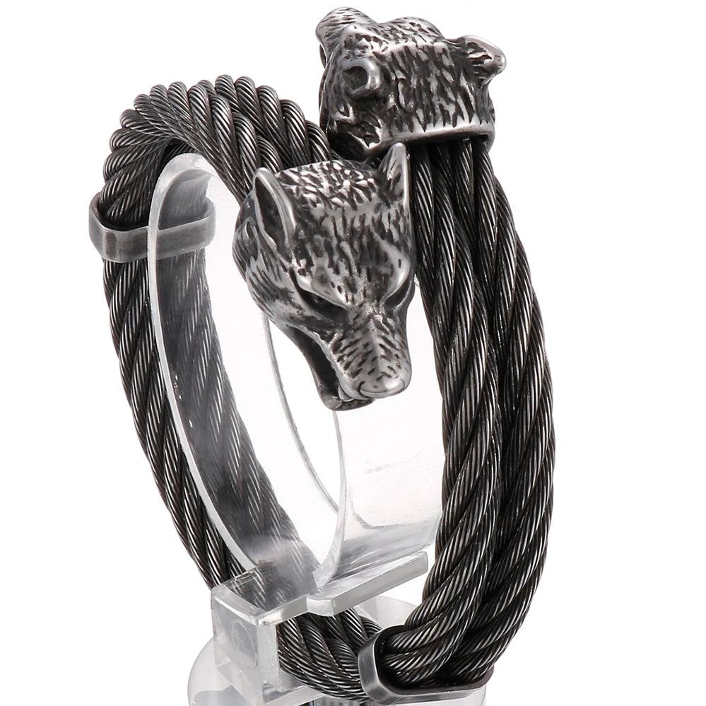 Retro Elastic Wolf Head Open Cuff Bangle Bracelet For Men 12MM Twist Chain Stainless Steel Men‘s Bracelets Rockers