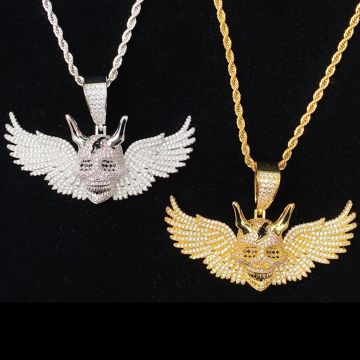 Aokaishen Iced Out Wing Skull Necklace Pendant for Men Real Gold Plated 5A Cubic Zirconia Hip Hop Jewelry
