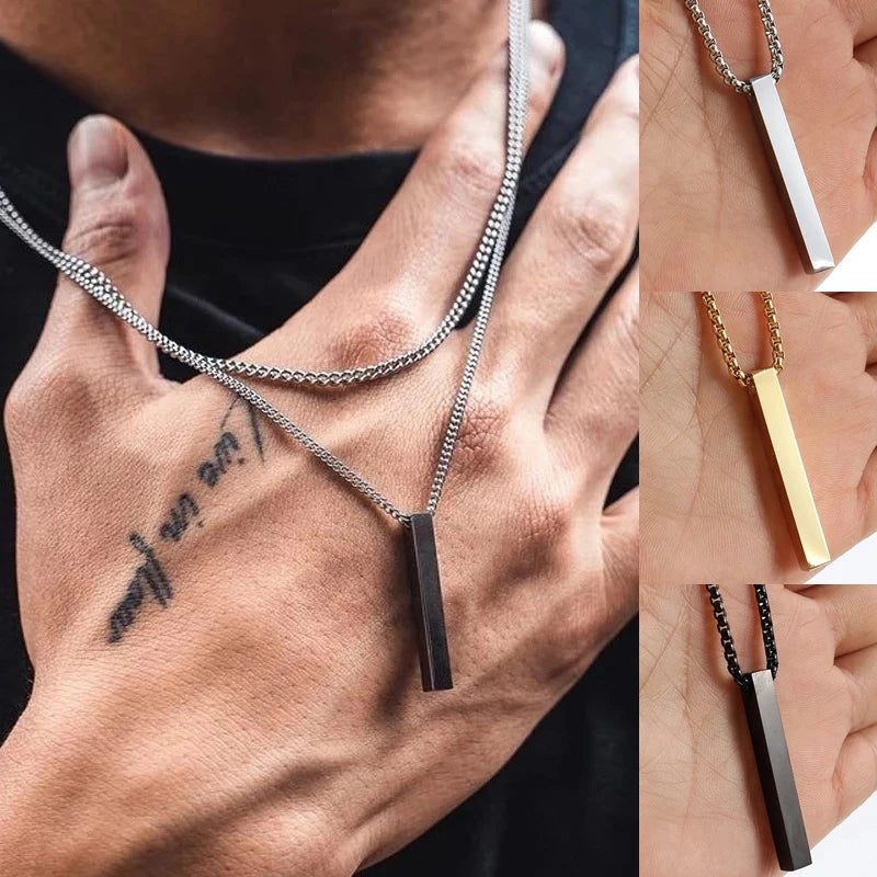 Stainless Steel 3D Bar Pendant Necklace Minimal