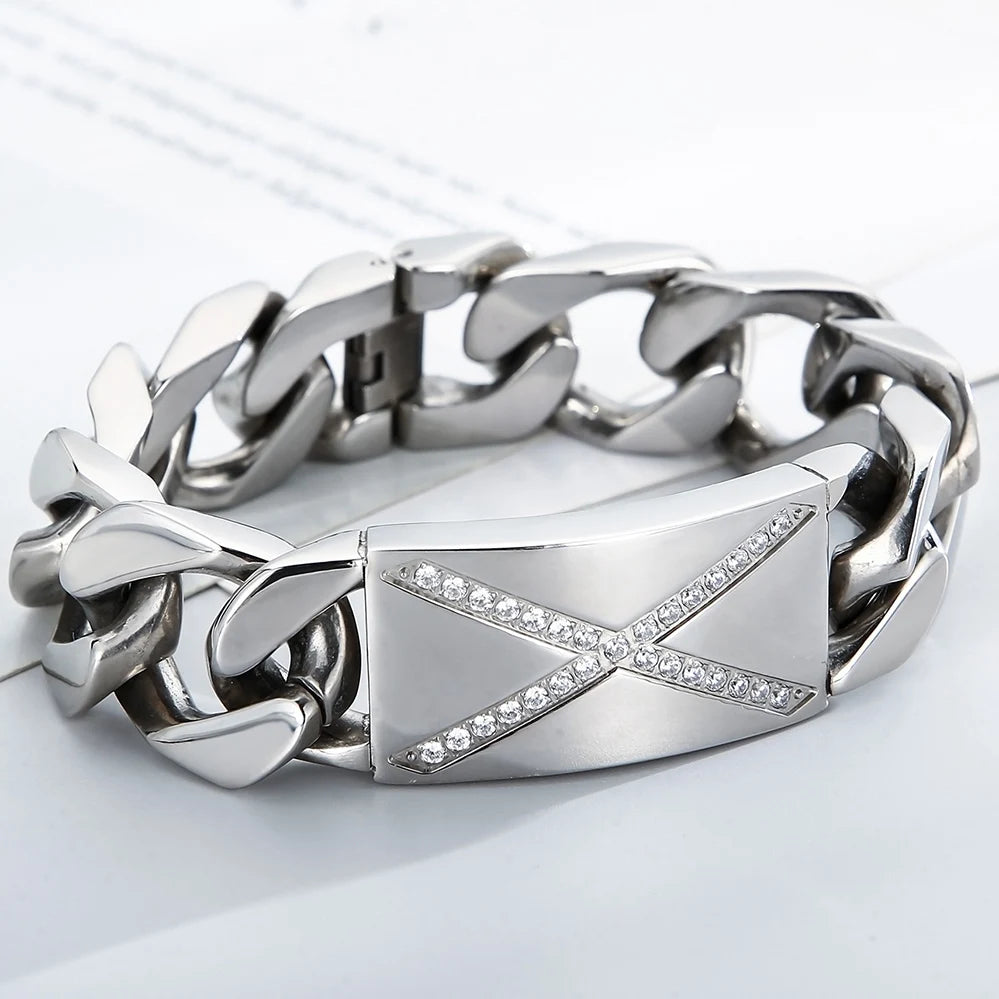 Massive Man Bracelet 20MM Width Men's Stainless Steel Cuban Link Chain Bracelet with CZ Gothic Biker Jewelry Accessory