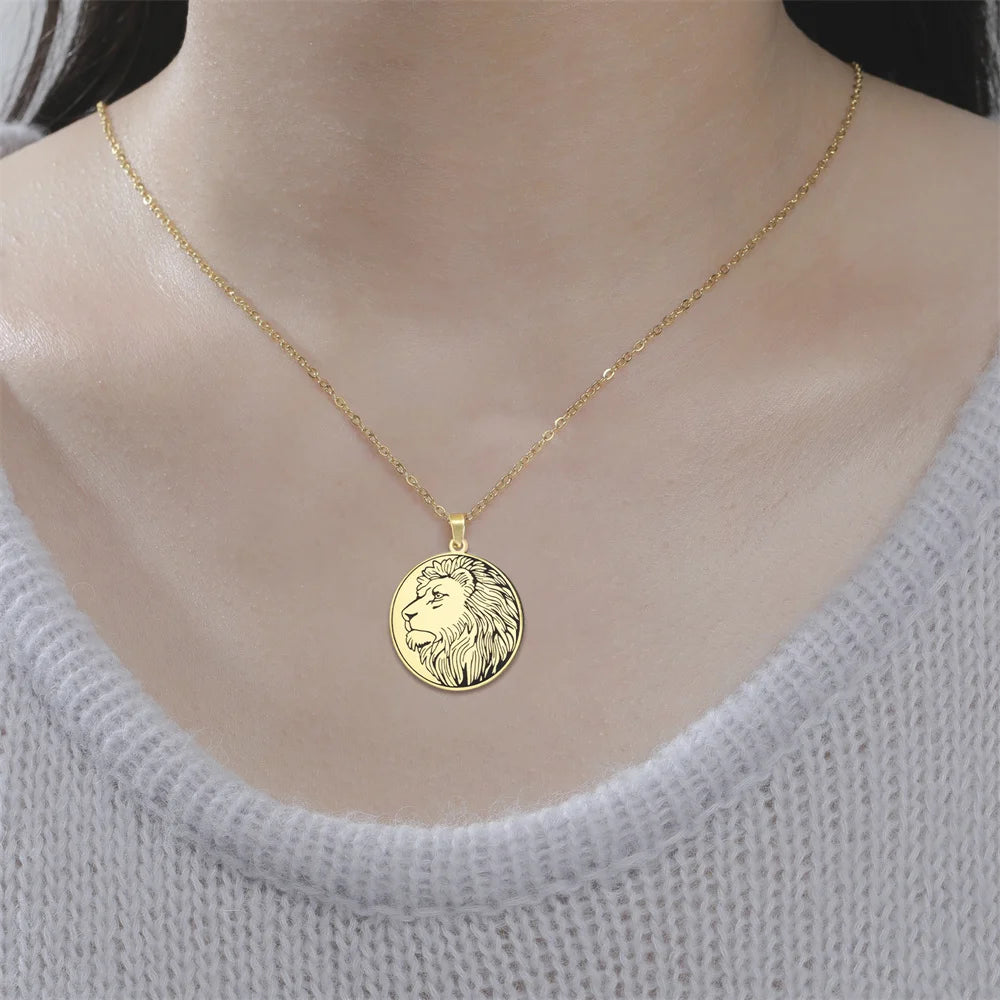 Leo Zodiac Lion Head Coin Necklace — Stainless Steel