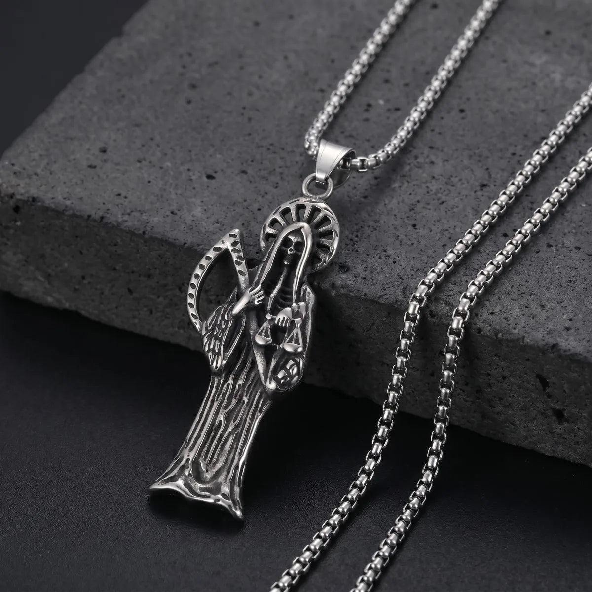 Silvery Stainless Steel Santa Muerte Grim Reaper Scales Pendant Necklace Gothic Mexican Dark Religious Jewelry Gift For Men Wome