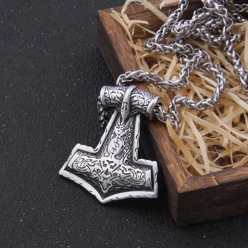 Fashion Valknut Viking Thor's Hammer Pendant Necklace With keel Chain As Men Gift with wooden box