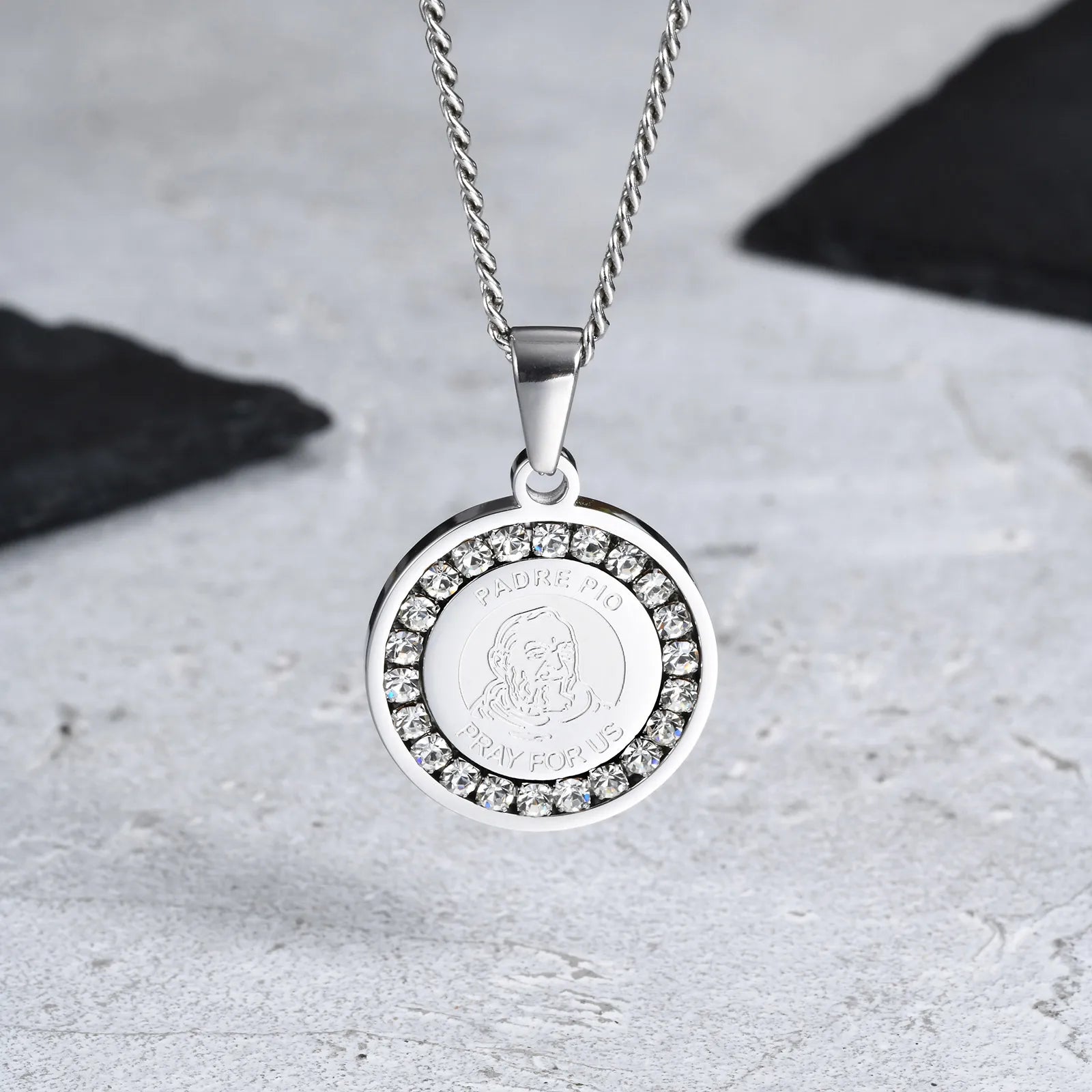 Iced Out Prayer Coin Pendant Necklace — Stainless Steel