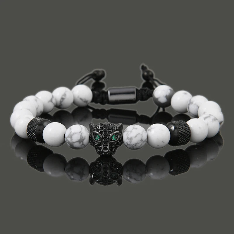 Leopard Head, Crown & Skull Beaded Bracelet — Adjustable, Braided